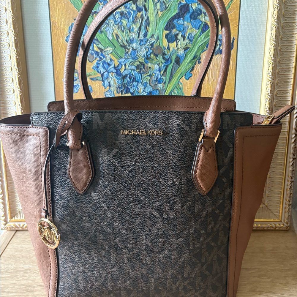 Michael Kors Brown Signature MK Logo Tote with Tan Trim
